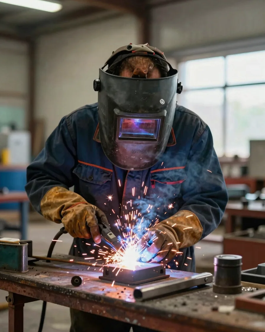 Waist-up medium shot of a veteran welding with sparks flying, wea