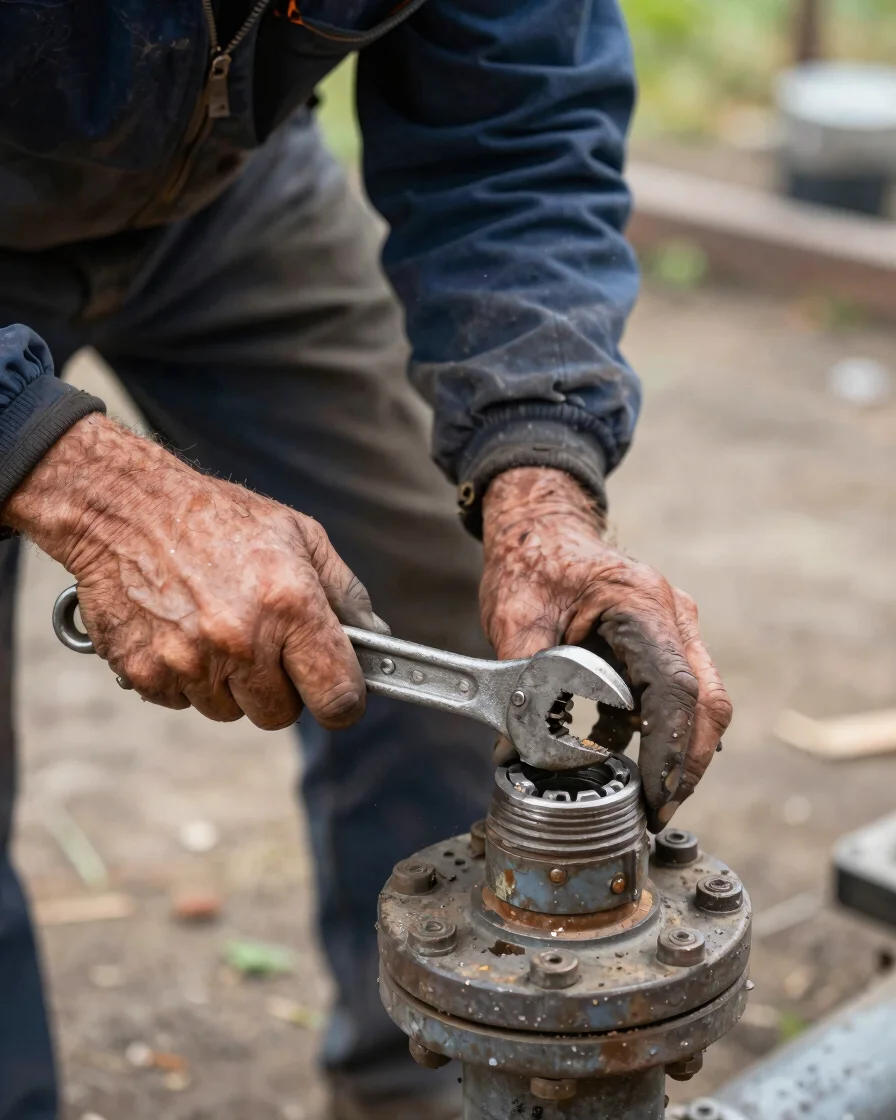 Tight detail shot of a veteran's hands operating a heavy-duty wre