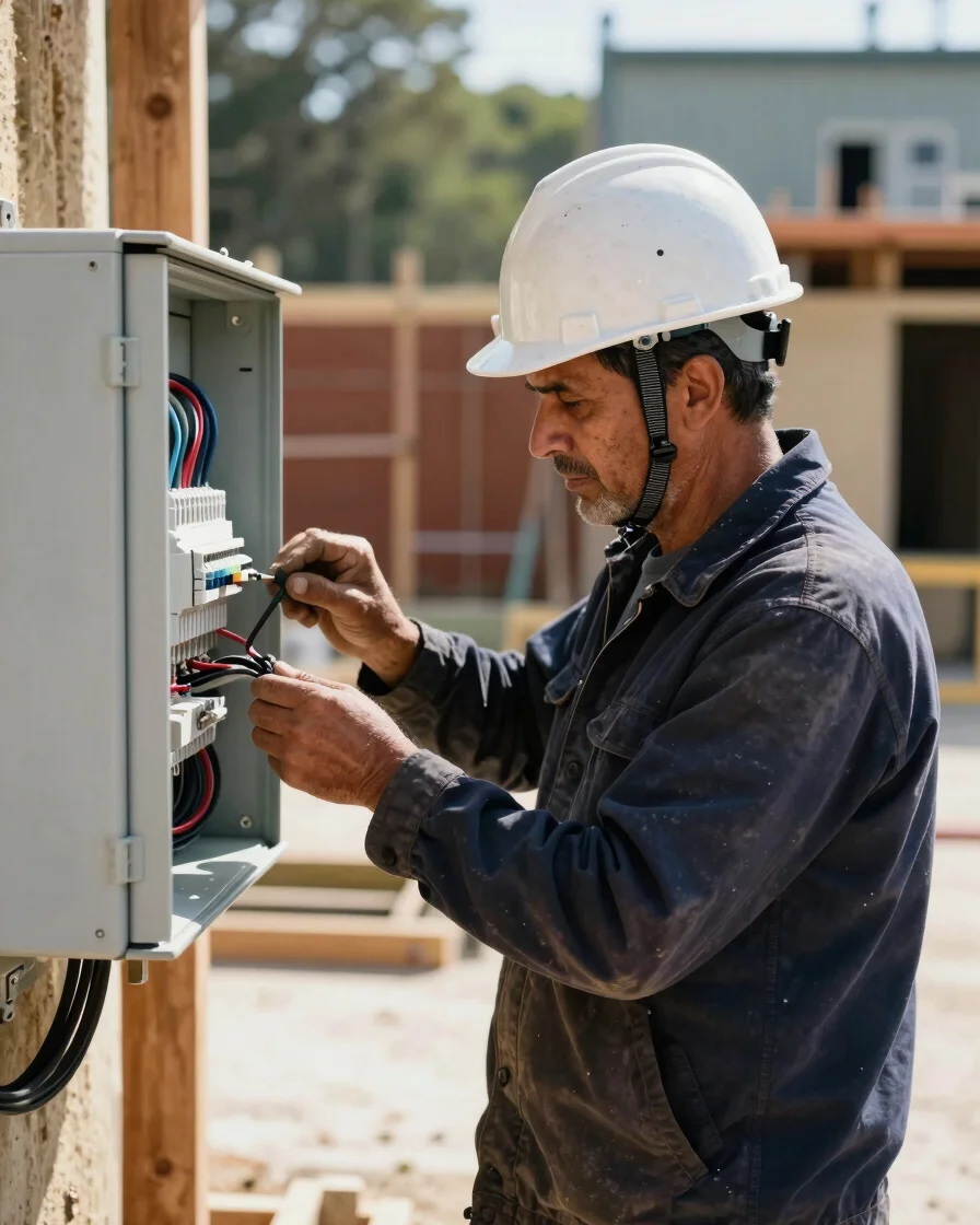 Waist-up medium shot of a veteran in a hard hat, focused on wiring an electrical panel on an active job site, natural da