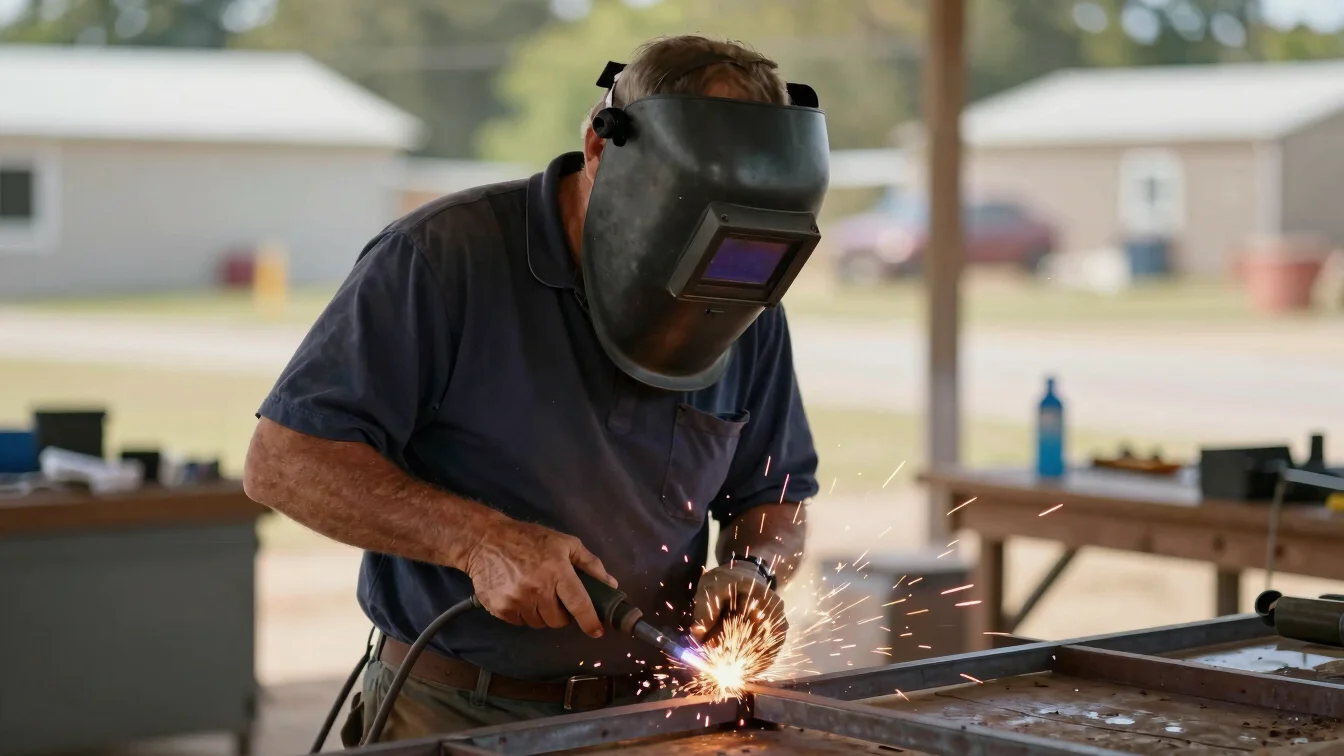 waist-up medium shot of a veteran in Oklahoma wearing a welding mask, sparks flying from a metal joint, natural jobsite