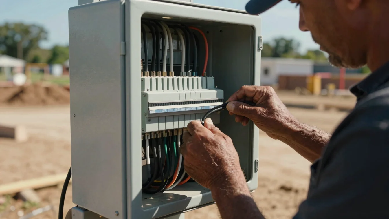tight detail shot of veteran's hands wiring an electrical panel on an Oklahoma construction site, high-contrast directio