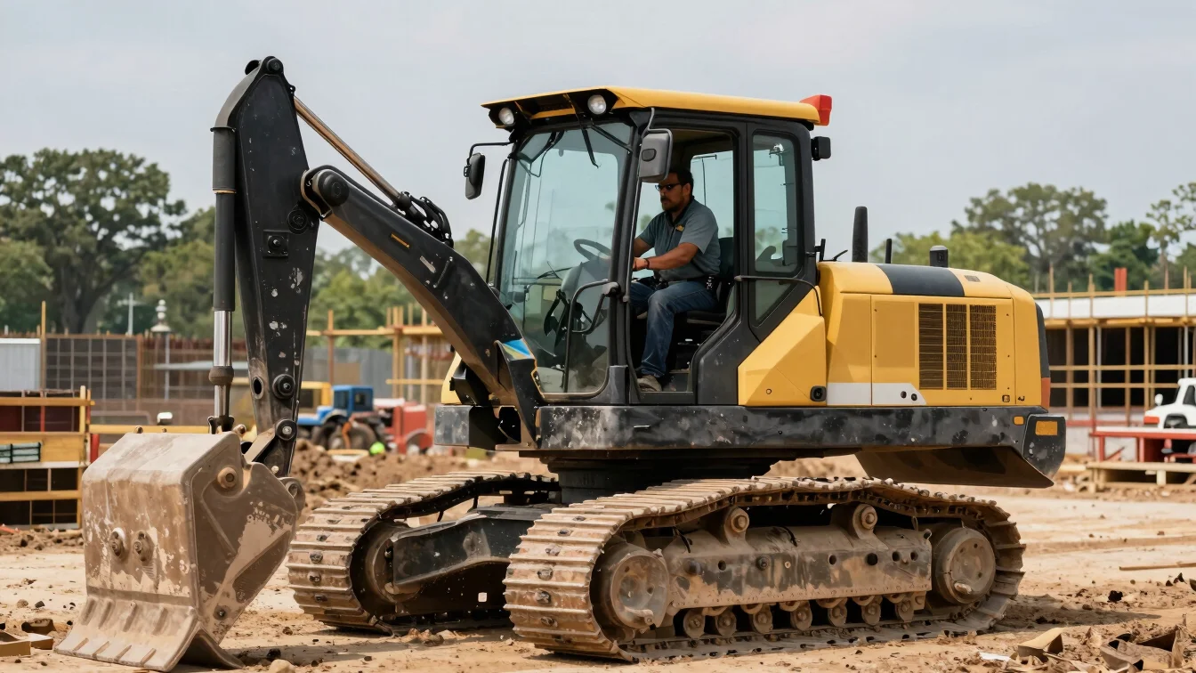 waist-up medium shot of a veteran operating heavy machinery on an active Oklahoma construction framing site, natural day
