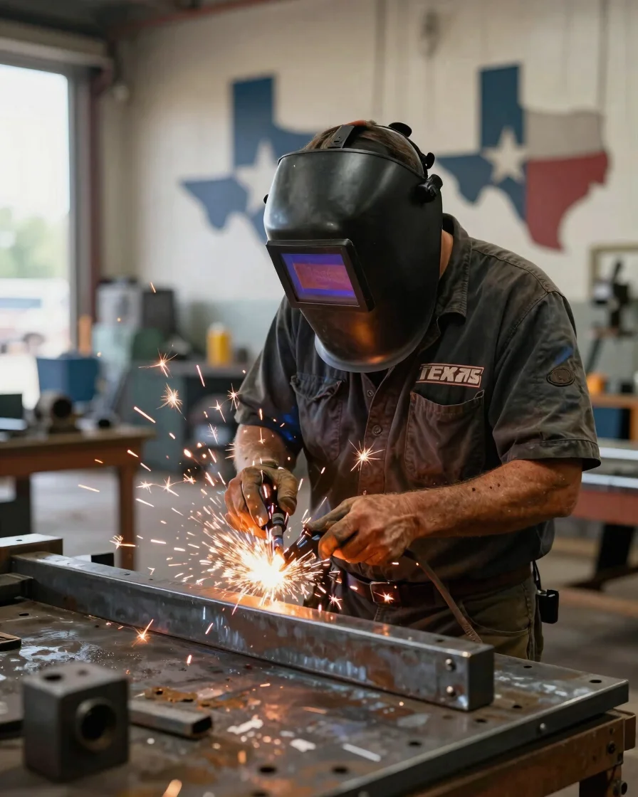 Texas veteran in a welding mask, sparks flying, focused on a meta