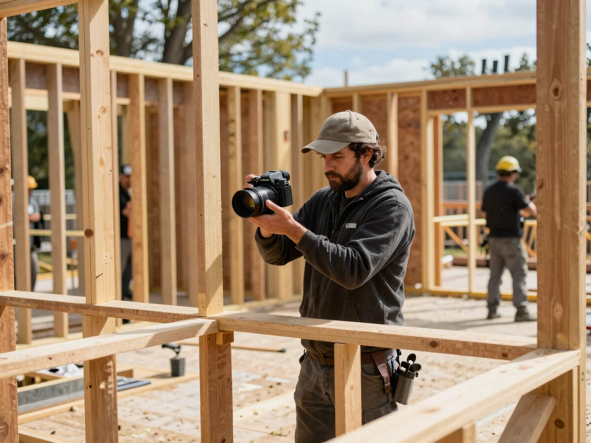 Veteran learning construction framing on an active job site, natu