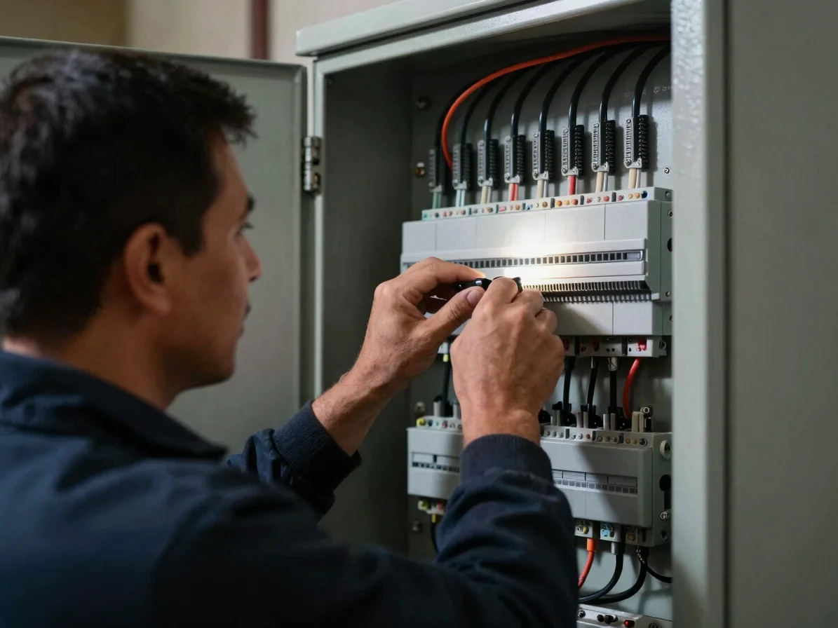 Veteran working on an electrical panel, focused hands, high-contr