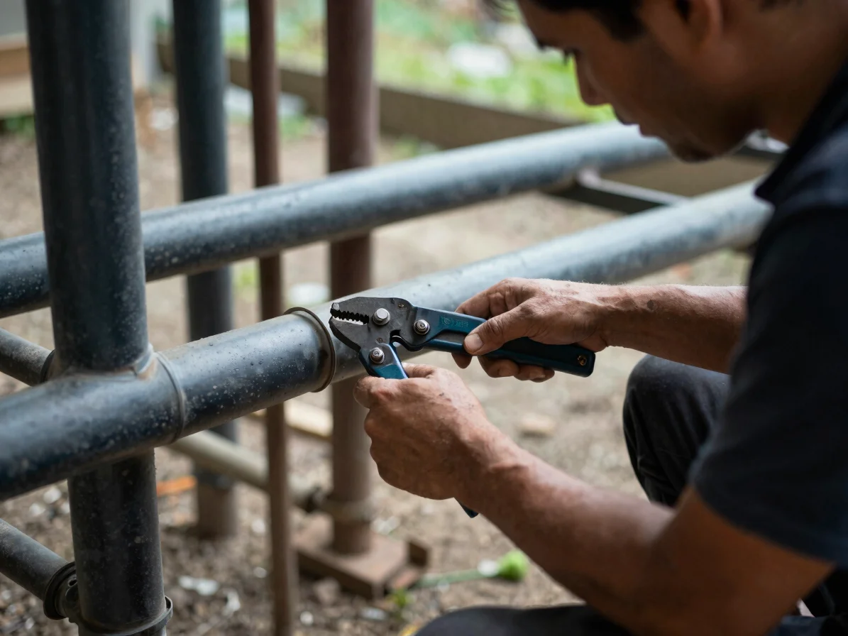 Veteran using plumbing tools on pipes, hands operating profession