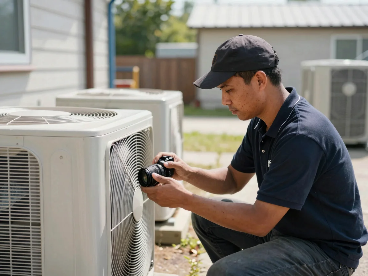 Veteran inspecting an HVAC unit, focused individual, natural dayl